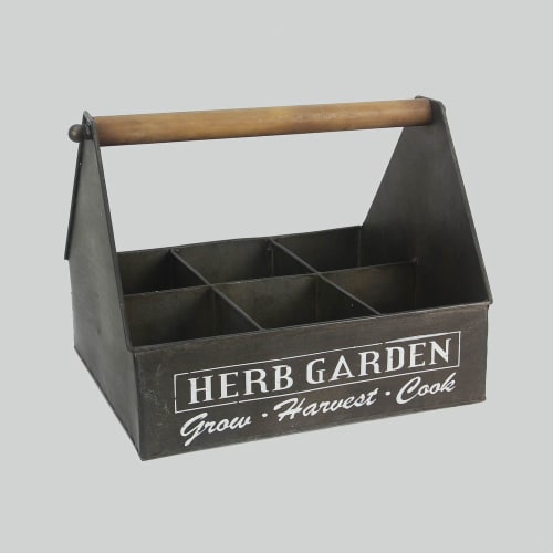 Herb Garden Metal Divided Planter Box With Wood Handle Perspective: front