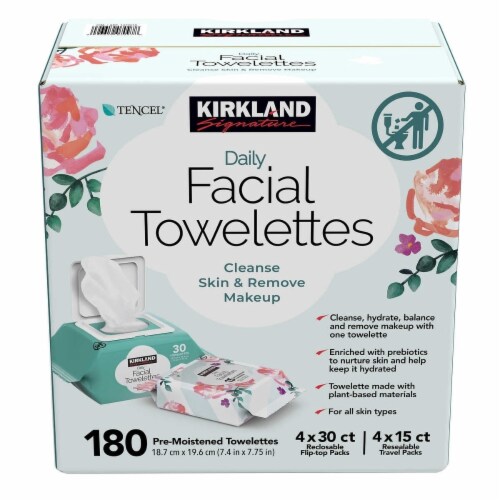 Kirkland Daily Facial Towelettes, 180 CT, 4 x 30ct Reclosable Flip, 4 x 15ct Resealable Perspective: front