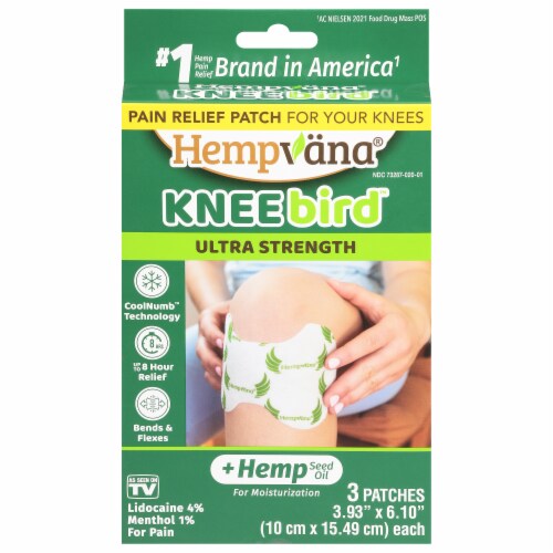 Hempvana® Knee Bid™ Ultra Strength Knee Pain Relief Patches with 4% Lidocaine + Hemp Seed Oil Perspective: front