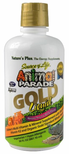 Nature Plus Gold Children's Animal Parade Tropical Berry Liquid Multi-Vitamin & Mineral Supplement Perspective: front