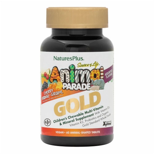Natures Plus Animal Parade Gold Children's Cherry Orange Grape Multi-Vitamin Chewables Perspective: front