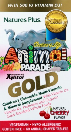 Natures Plus Animal Parade Gold Children's Cherry Multi-Vitamin and Mineral Chewables Perspective: front