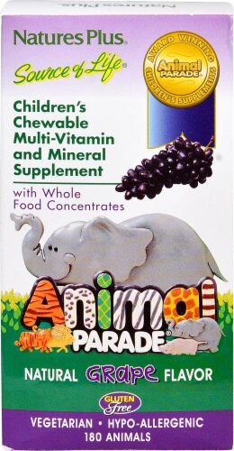 Nature's Plus Animal Parade Children's Grape Chewable Multi Vitamin & Mineral Supplement 180 Count Perspective: front