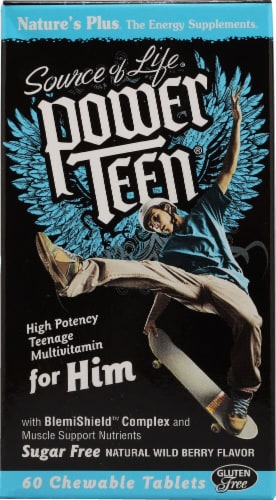 Nature's Plus  Source of Life® Power Teen® for Him Chewable Multi-Vitamin   Wild Berry Perspective: front