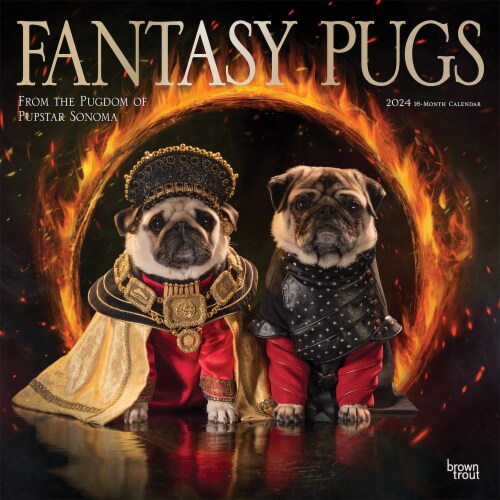 BrownTrout 16 Month Fantasy Pugs 2024 Square Calendar Perspective: front