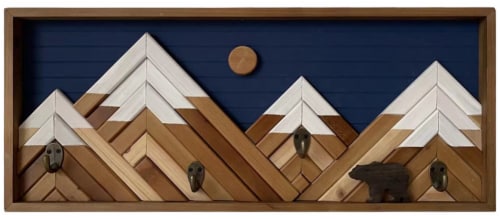 Wood Mountain Wall Art With Metal Hooks Perspective: front