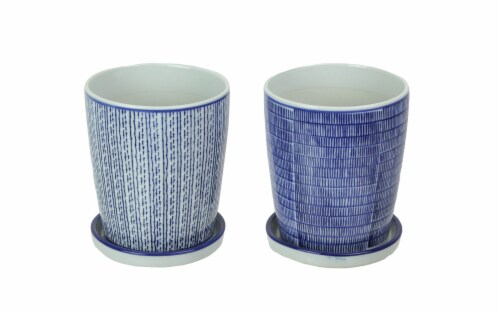Image of Glazed ceramic plant pot with blue and white striped pattern