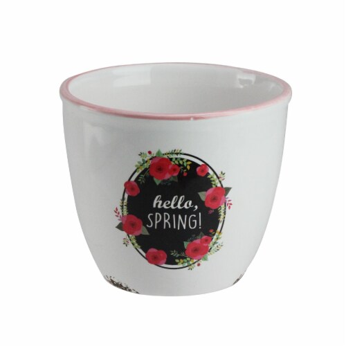 Napco 4.75 White and Black hello SPRING Floral Easter Planter Perspective: front