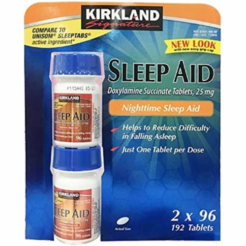 Kirkland Signature Sleep Aid Doxylamine Succinate 25 Mg, 2 pack (192 Tablets) Perspective: front