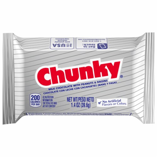 Chunky Milk Chocolate with Peanuts and Raisins Individually Wrapped Candy Bar Perspective: front