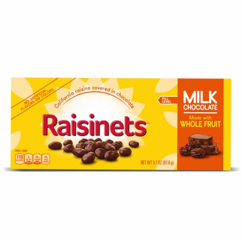 Raisinets Milk-Chocolate-Covered California Raisins, 3.1 oz, Movie Theater Candy Box Perspective: front