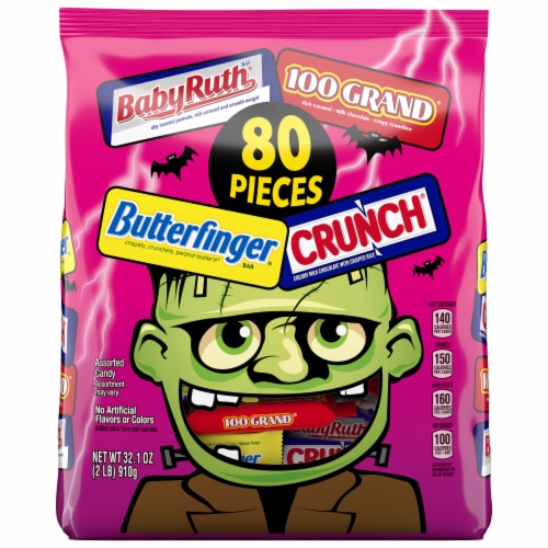 Butterfinger CRUNCH Baby Ruth and 100 Grand Assorted Mini and Fun Size Candy Bars Halloween Candy Perspective: front