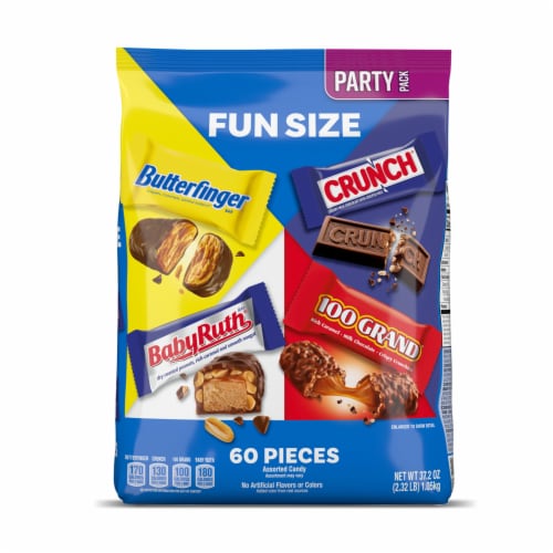 Butterfinger, CRUNCH, Baby Ruth and 100 Grand, Bulk 60 Pack, Assorted Fun Size Chocolate Candy Bars Perspective: front