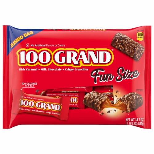 100 Grand Crispy Milk Chocolate with Caramel Fun Size Candy Bars Trick or Treat Candy Perspective: front