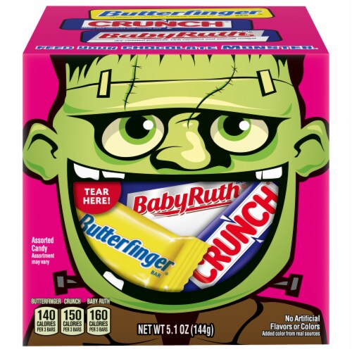 Butterfinger CRUNCH and Baby Ruth Monster Boo Box Assorted Mini Size Chocolate Candy Bars Perspective: front
