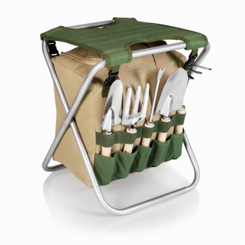 Gardener Folding Seat with Tools, Olive Green with Beige Accents Perspective: front