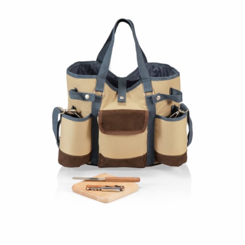 Wine Country Tote – Wine & Cheese Picnic Tote, Beige Canvas with Navy Blue & Brown Accents Perspective: front