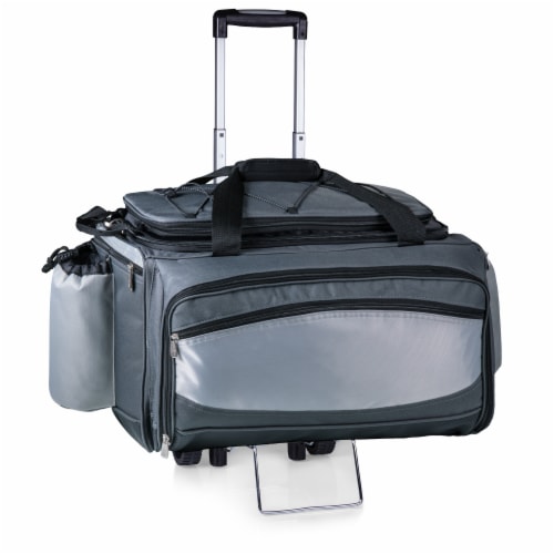 Vulcan Portable Propane Grill & Cooler Tote with Trolley, Black with Gray Accents Perspective: front