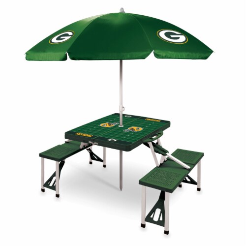 Green Bay Packers - Picnic Table Folding Table with Seats and Umbrella Perspective: front