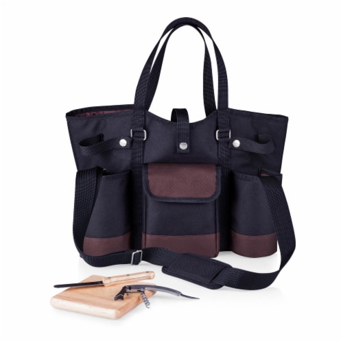 Wine Country Tote – Wine & Cheese Picnic Tote, Black with Burgundy Accents Perspective: front
