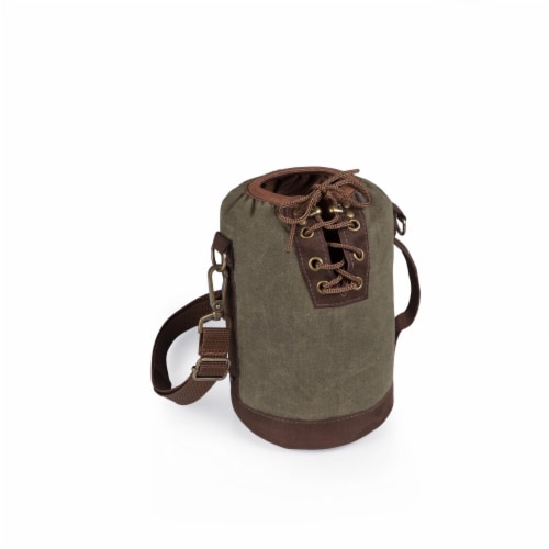 Insulated Growler Tote, Khaki Green with Brown Accents Perspective: front