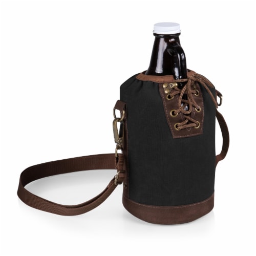 Insulated Growler Tote with 64 oz. Glass Growler, Black with Brown Accents & Glass Growler Perspective: front