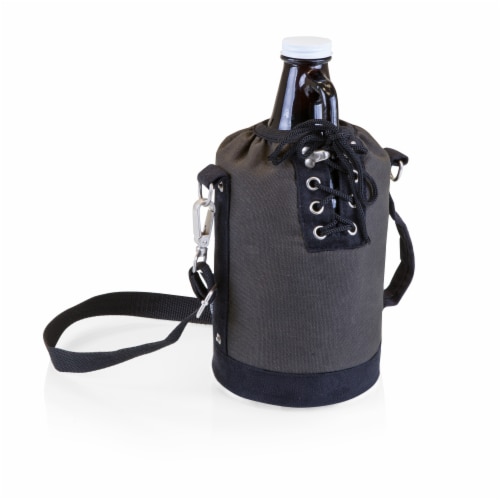 Insulated Growler Tote with 64 oz. Glass Growler, Gray with Black Accents & Glass Growler Perspective: front