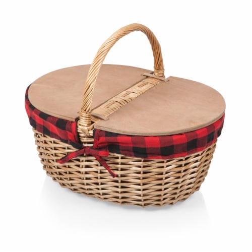 Country Picnic Basket, Red & Black Buffalo Plaid Pattern Perspective: front