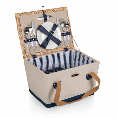Boardwalk Picnic Basket, Beige Canvas with Navy Blue Accents Perspective: front