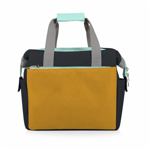 On The Go Lunch Cooler, Mustard Yellow with Gray & Blue Accents Perspective: front