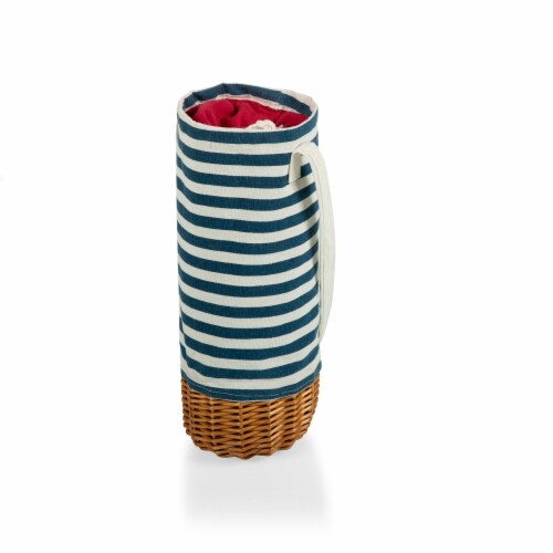 Malbec Insulated Canvas and Willow Wine Bottle Basket, Navy Blue & White Stripe Perspective: front