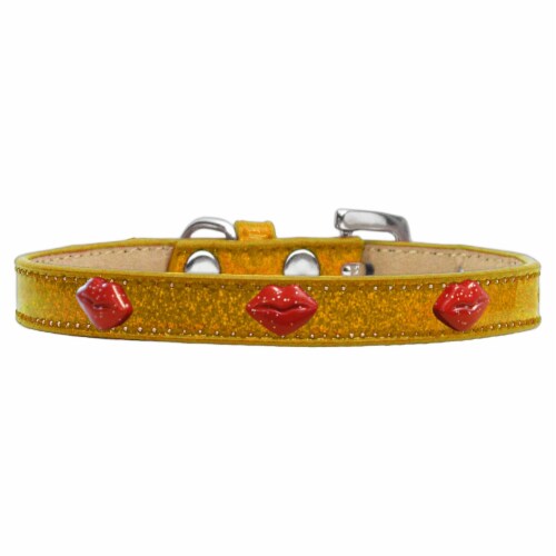 Mirage Pet 633-8 GD18 Red Glitter Lips Widget Dog Collar - Gold Ice Cream, Size 18 Perspective: front