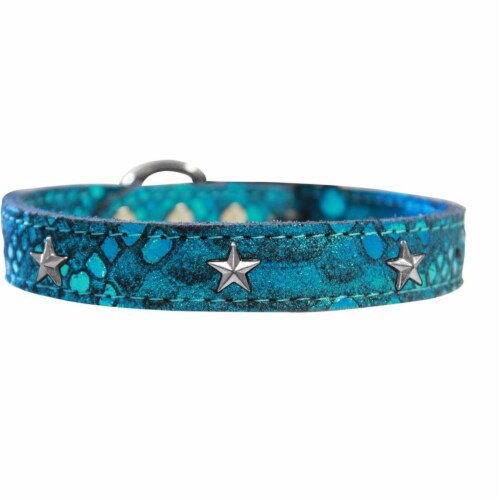 Mirage Pet 83-98 BL18 Silver Star Widget Dragon Skin Genuine Leather Dog Collar, Blue - Size Perspective: front