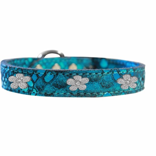 Mirage Pet 83-99 BL20 Silver Flower Widget Dragon Skin Genuine Leather Dog Collar, Blue - Siz Perspective: front