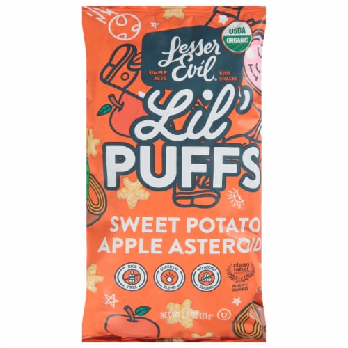 LesserEvil® Lil' Puffs Sweet Potato Apple Asteroid Toddler Snacks Perspective: front