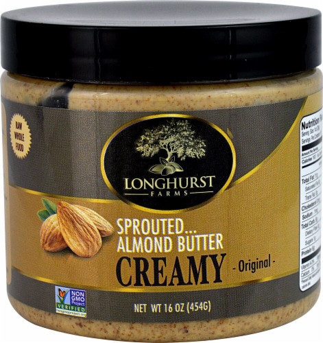 Sprouted Almonds  Longhurst Farms Creamy Sprouted Almond Butter   Original Perspective: front