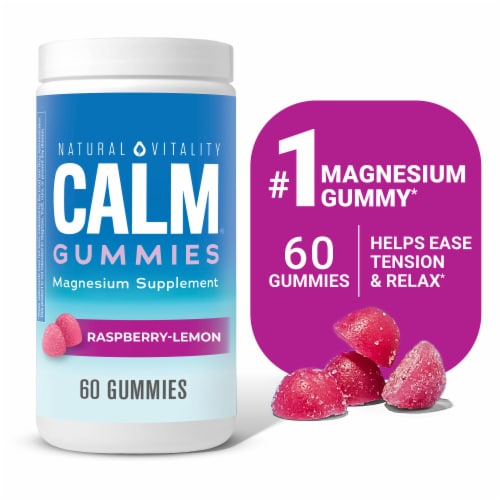 Natural Vitality CALM Raspberry Lemon Flavored Gummies Magnesium Citrate Supplement Perspective: front