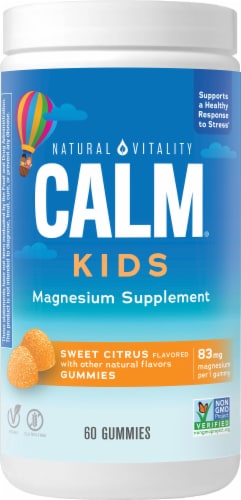 Natural Vitality CALM Kids Sweet Citrus Flavored Magnesium Supplement Gummies Perspective: front