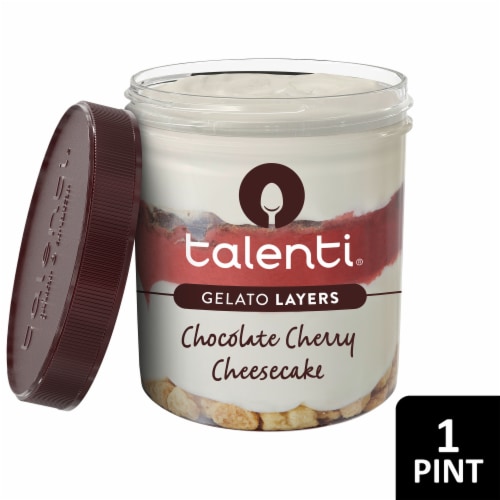 Talenti Chocolate Cherry Cheesecake Chocolate Flakes Black Cherry Sauce Graham Pieces Gelato Layers Perspective: front