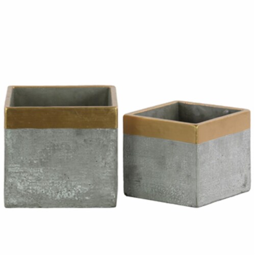 Urban Trends Collection 45608 Cement Square Flower Pot with Gold Painted Banded Rim Top, Gray Perspective: front