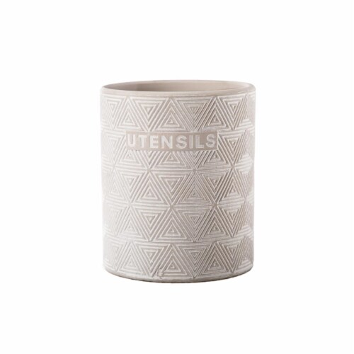 Urban Trends Collection 51938 Ceramic Round Utensil Jar with Embossed Writing & Geometric Tri Perspective: front