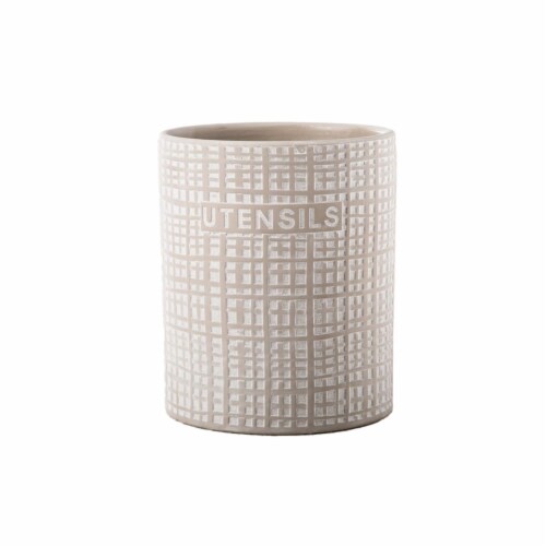 Urban Trends Collection 51941 Ceramic Round Utensil Jar with Embossed Writing & Gingham Patte Perspective: front