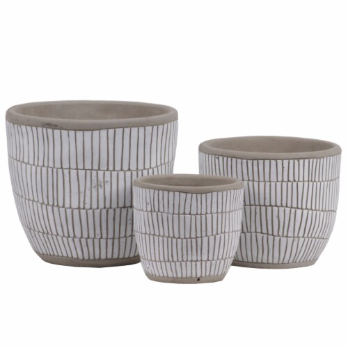 Urban Trends Collection 54902 Stoneware Round Pot with Banded Rim Top & Bottom, Embossed Latt Perspective: front