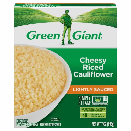Green Giant Riced Cauliflower & Cheese Sauce Simply Steam Riced Veggies Perspective: front