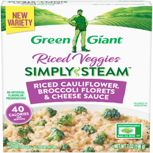 Green Giant Riced Veggies Simply Steam Frozen Riced Cauliflower Broccoli Florets & Cheese Sauce Perspective: front