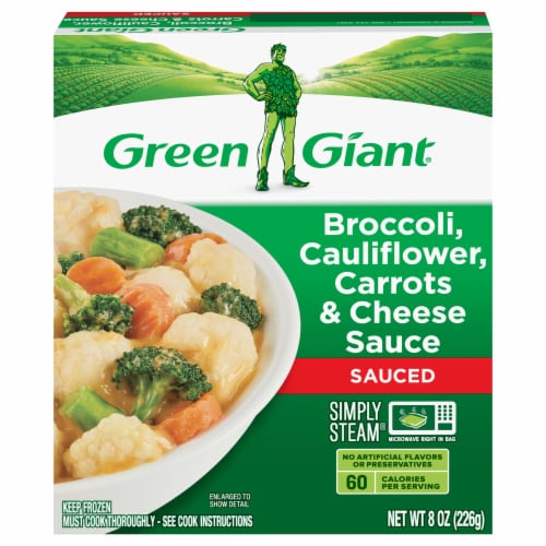Green Giant Simply Steam Sauced Broccoli Cauliflower Carrots & Cheese Sauce Perspective: front