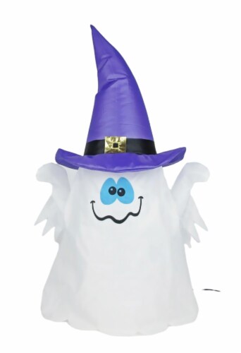 Gemmy Airdorable Airblown Ghost with Purple Hat Halloween Decor Perspective: front