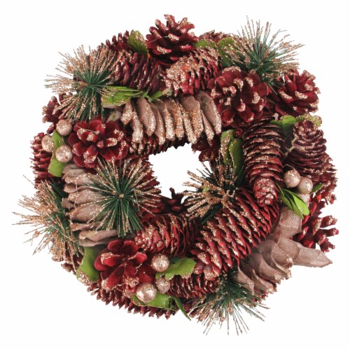 Northlight Dusty Rose and Red Pine Cones Glitter Artificial Christmas Wreath, 10-Inch, Unlit Perspective: front