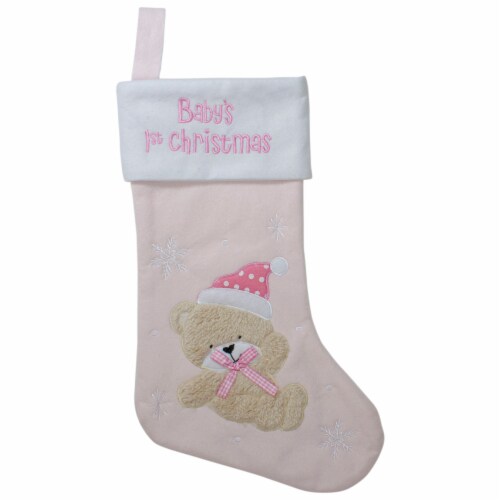 Northlight Baby's 1st Christmas Embroidered Teddy Bear Stocking - 19 - Pink and White Perspective: front
