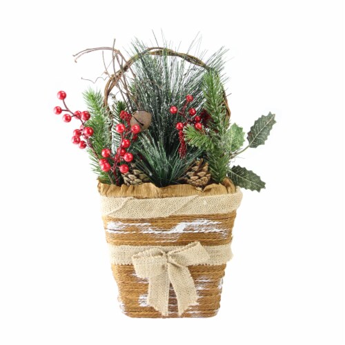 Northlight 13.5 Brown and Green Frosted Pine Cones Artificial Christmas Basket Perspective: front